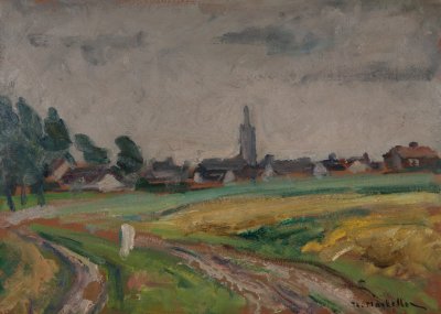 Dutch Village with Rain — Oil painting, Fiberboard, 33.00×46.00cm — Theodoros Markellos